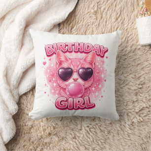 Cute Pink Cat Birthday Girl Heart Sunglasses Cushion