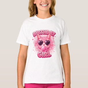 Cute Pink Cat Birthday Girl with Heart Sunglasses  T-Shirt