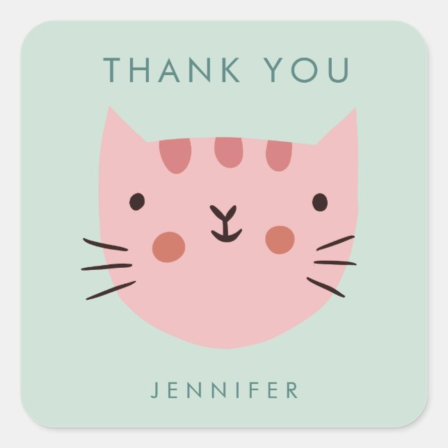 Cute Pink Cat Birthday thank you  Square Sticker (Front)