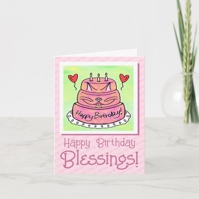 Cute Pink Cat Cake Happy Birthday Blessings  Card (Front)