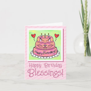 Cute Pink Cat Cake Happy Birthday Blessings Card
