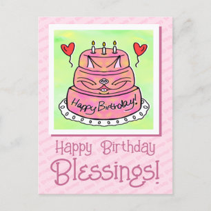 Cute Pink Cat Cake Happy Birthday Blessings Postcard