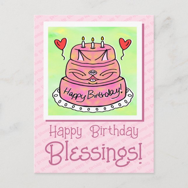 Cute Pink Cat Cake Happy Birthday Blessings  Postcard (Front)