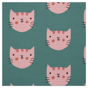 Cute Pink Cat Green Pattern Fabric