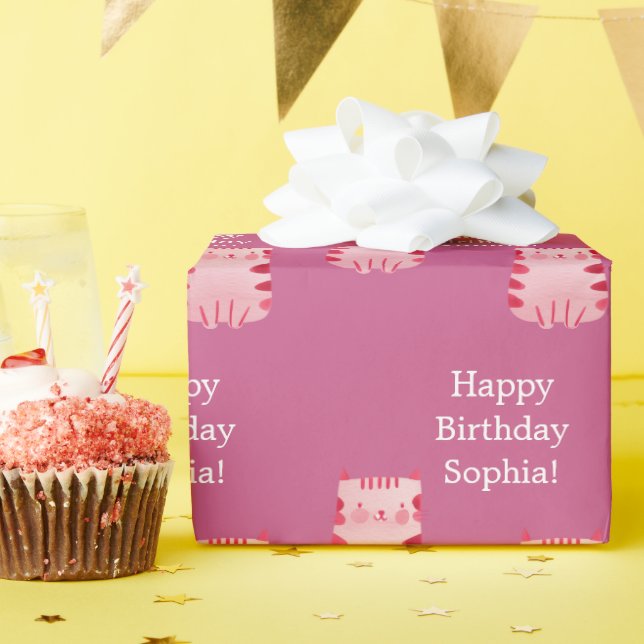 Cute Pink Cat Happy Birthday Personalised Wrapping Paper (Birthday Party)