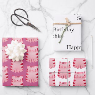 Cute Pink Cat Happy Birthday Personalised Wrapping Paper Sheet