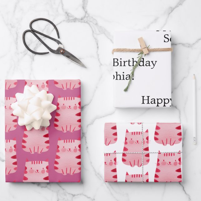 Cute Pink Cat Happy Birthday Personalised Wrapping Paper Sheet (Front)
