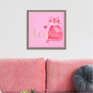 Cute Pink Cat Hearts Gold Love Canvas Print