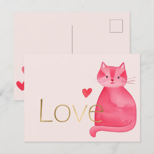 Cute Pink Cat Hearts Gold Love Postcard