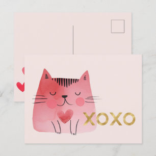 Cute Pink Cat Hearts Gold XOXO Postcard
