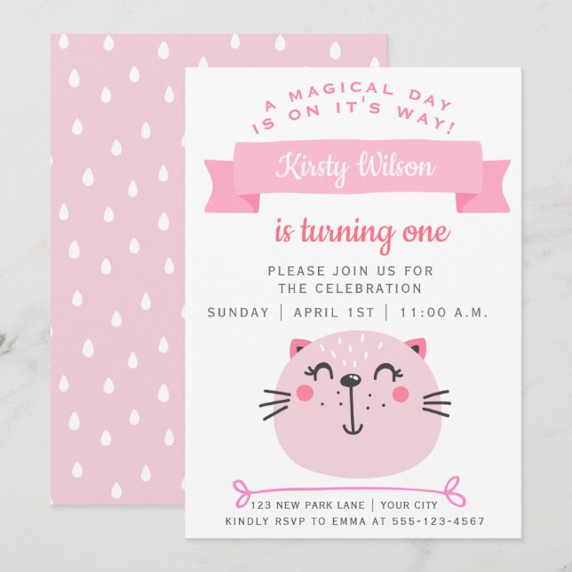 Cute Pink Cat | Kids Birthday Invitation (Front/Back)