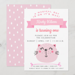 Cute Pink Cat   Kids Birthday Invitation