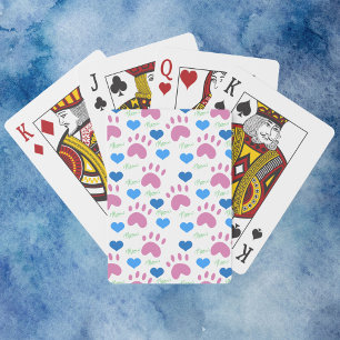 Cute Pink Cat Paw Prints Blue Hearts Meow Playing Cards
