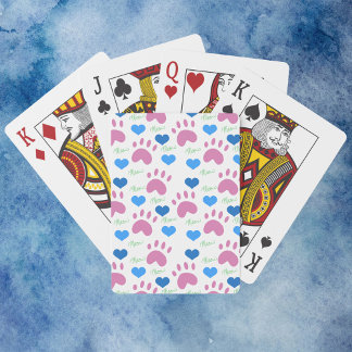 Cute Pink Cat Paw Prints Blue Hearts Meow Playing Cards
