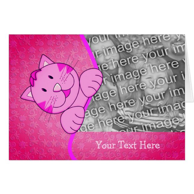 Cute Pink Cat Personalised Photo Card (Front Horizontal)