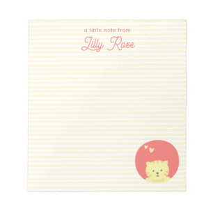 Cute Pink Cat Personalised Yellow Striped Girls Notepad