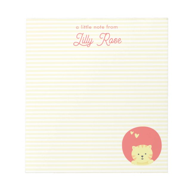 Cute Pink Cat Personalised Yellow Striped Girls  Notepad (Front)