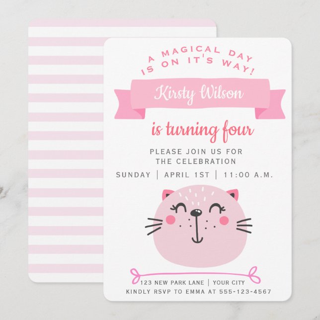 Cute Pink Cat & Pink Stripes - Kids Birthday Invitation (Front/Back)