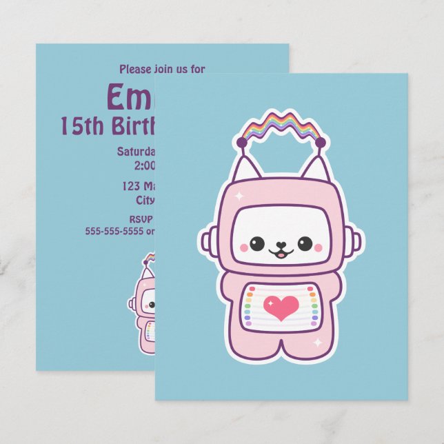 Cute Pink Cat Robot Birthday Party Invitations (Front/Back)