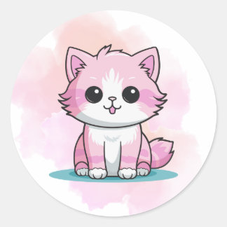 Cute Pink Cat Watercolour Cartoon Kitten Animal Classic Round Sticker