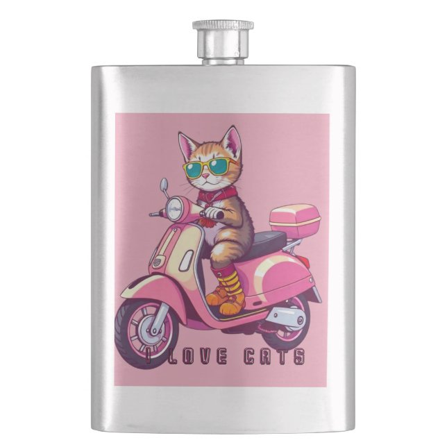 Cute pink cat with eyeglass and motorcycle hip flask (Front)
