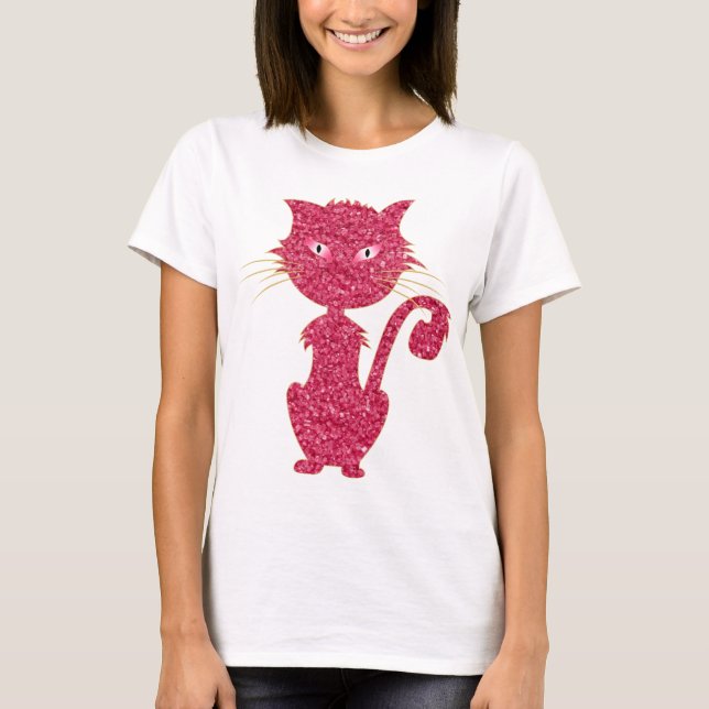 Cute Pink Cat With Pink Eyes Girly Fashion Artwork T-Shirt (Front)
