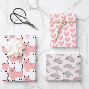 Cute Pink Cats, Hearts and Mouses Wrapping Paper Sheet