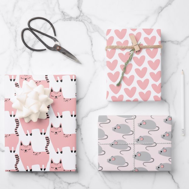 Cute Pink Cats, Hearts and Mouses Wrapping Paper Sheet (Front)