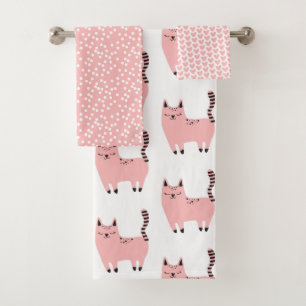 Cute Pink Cats, Hearts and Polkadots Bath Towels