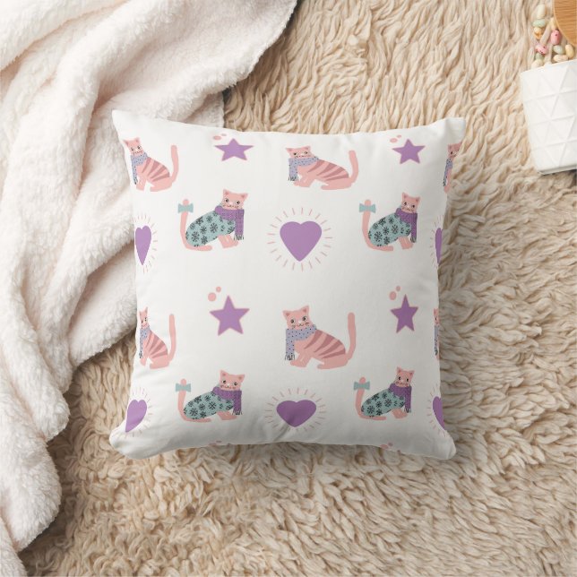 Cute pink cats with hearts and stars pattern cushion (Blanket)