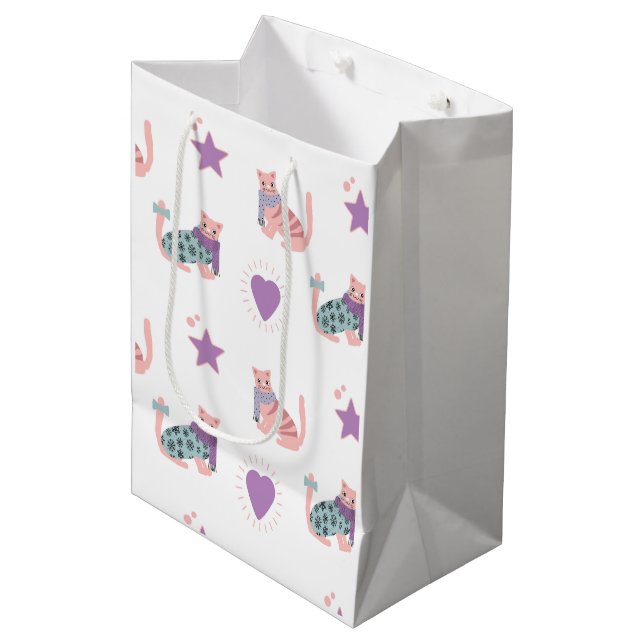 Cute pink cats with hearts and stars pattern medium gift bag (Front Angled)