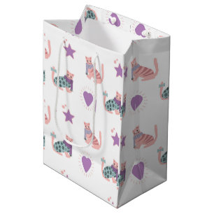 Cute pink cats with hearts and stars pattern medium gift bag