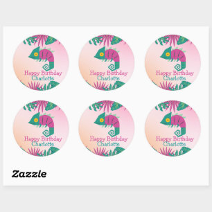 Cute Pink chameleon Floral Animals Birthday girls  Classic Round Sticker