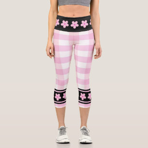 Cute Pink Checkerboard Black Ribbon & Pink Floral  Capri Leggings