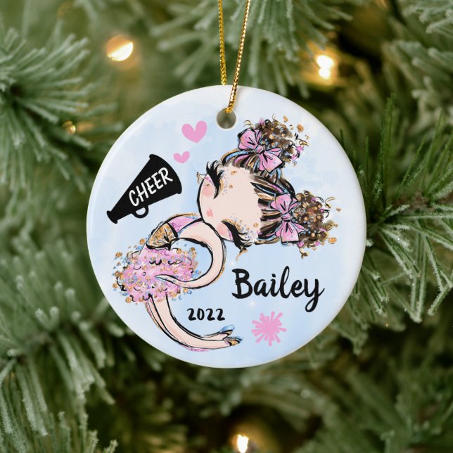 Cute Pink Cheerleader Ornament Brunette Brown Hair (Tree)