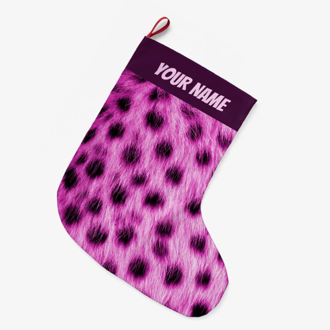 Cute Pink Cheetah Fur Look Add Your Name Large Christmas Stocking (Front (Hanging))