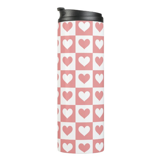 Cute Pink Chequered Hearts Pattern Thermal Tumbler (Rotated Right)