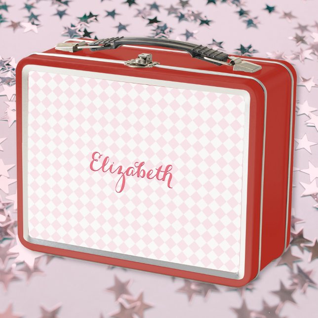 Cute Pink Chequered Monogrammed Girls Kids School Metal Lunch Box (Cute Pink Checkered Monogrammed Girls Kids School Metal Lunch Box)