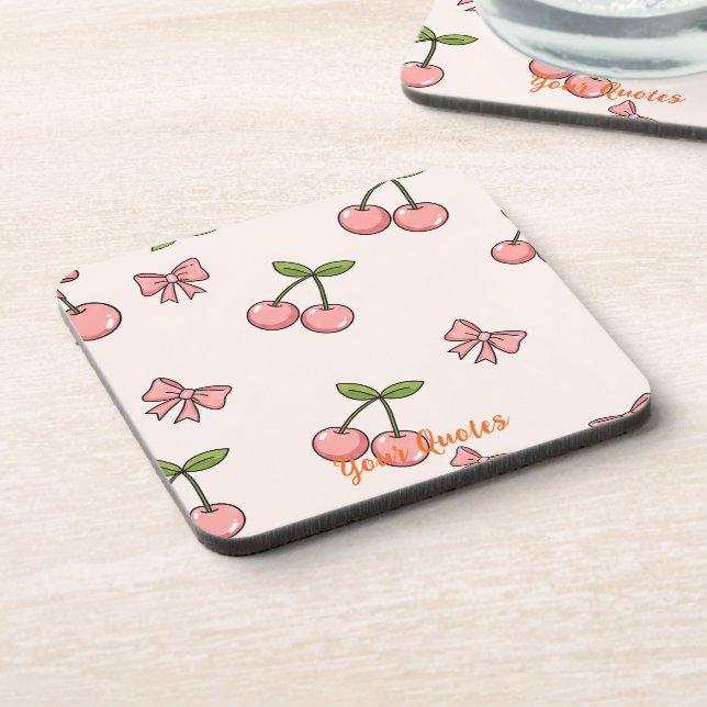 Cute Pink Cherries & Bows Seamless Pattern Coaster (Left Side)