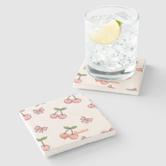 Cute Pink Cherries & Bows Seamless Pattern Stone Coaster