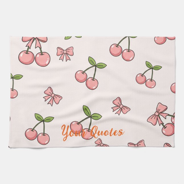 Cute Pink Cherries & Bows Seamless Pattern Tea Towel (Horizontal)