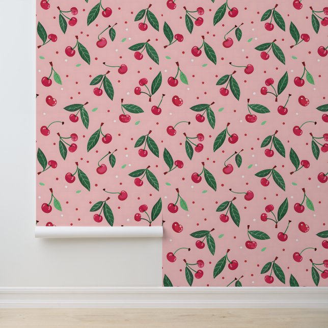 Cute Pink Cherries Coquette Pattern Home Decor Wallpaper (Application)