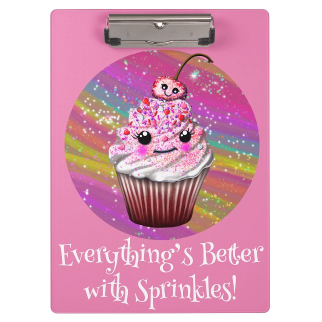 Cute Pink Cherry Cupcake with Sprinkles Clipboard (Front)