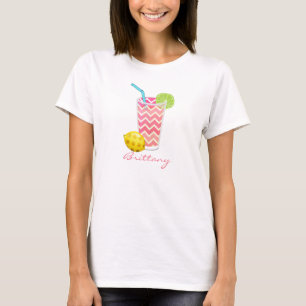 Cute Pink Chevron Lemonade & Lime Slice Monogram T-Shirt