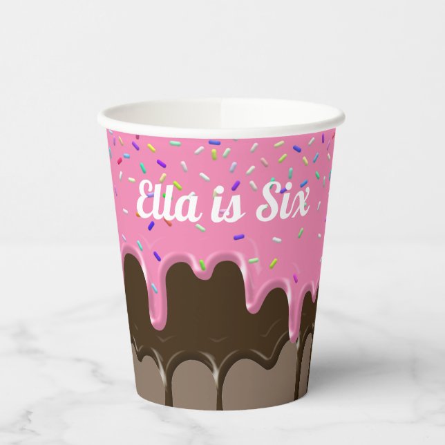 Cute Pink + Chocolate Icing Ice Cream Birthday  Paper Cups (Left)