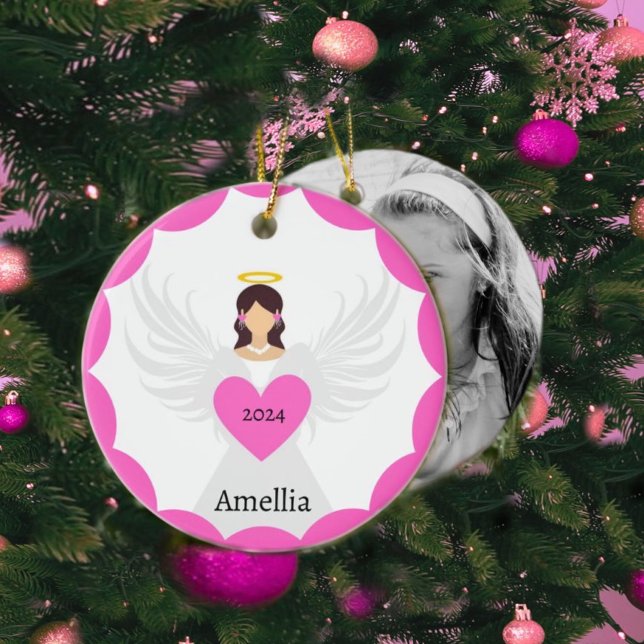 Cute Pink Christmas Angel Heart Custom Photo Name Ceramic Tree Decoration (Angel Ornament with pink fuchsia heart & custom photo, name & year for a Christmas tree keepsake.)