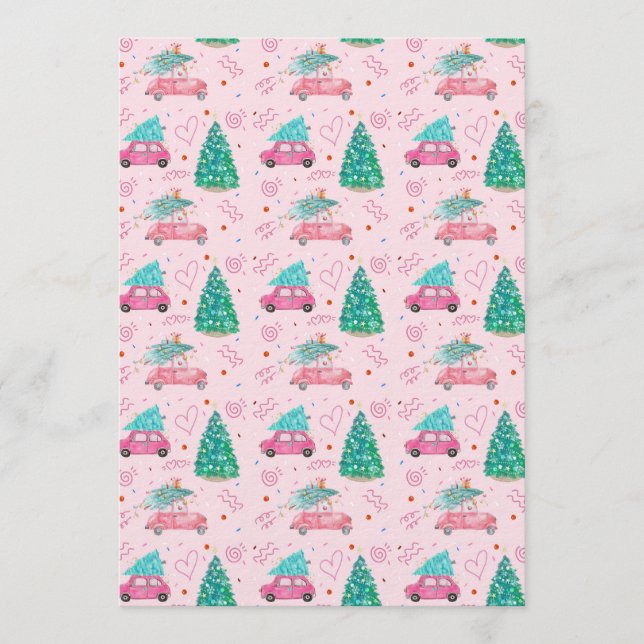 Cute Pink Christmas Car Tree Seamless Pattern Invitation (Front)