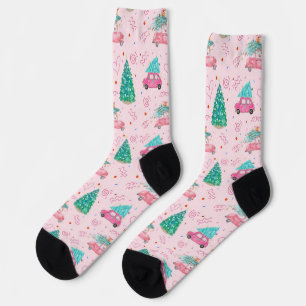 Cute Pink Christmas Car Tree Seamless Pattern Socks