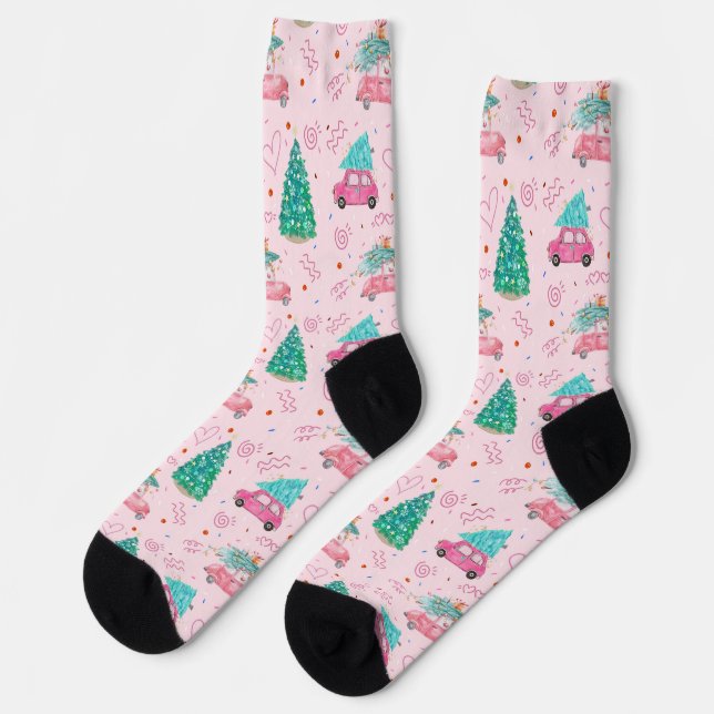 Cute Pink Christmas Car Tree Seamless Pattern Socks (Left)