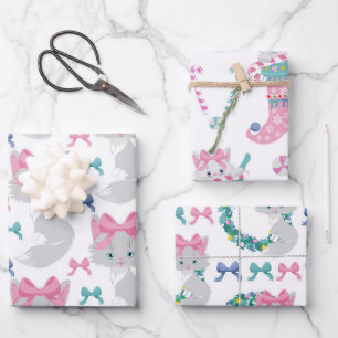 Cute Pink Christmas Cats Wrapping Paper Sheet